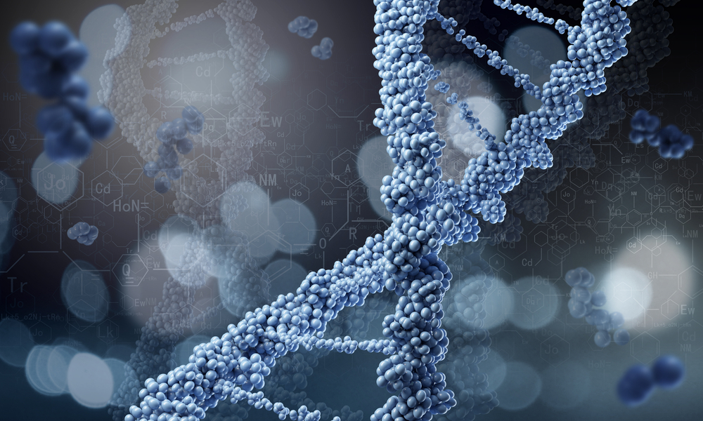 Biochemistry science concept with DNA molecules on blue background